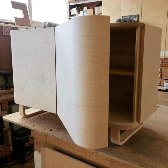 Wing unit designed for Isokon Plus on the bench in the workshop... 📷 @isokonplus #tbf #regram #design #simplicity #furniture #michaelsodeaustudio #modern #michaelsodeau #madeinlondon #madebyhand #artisan #birch #ply #cabinet #attentiontodetail